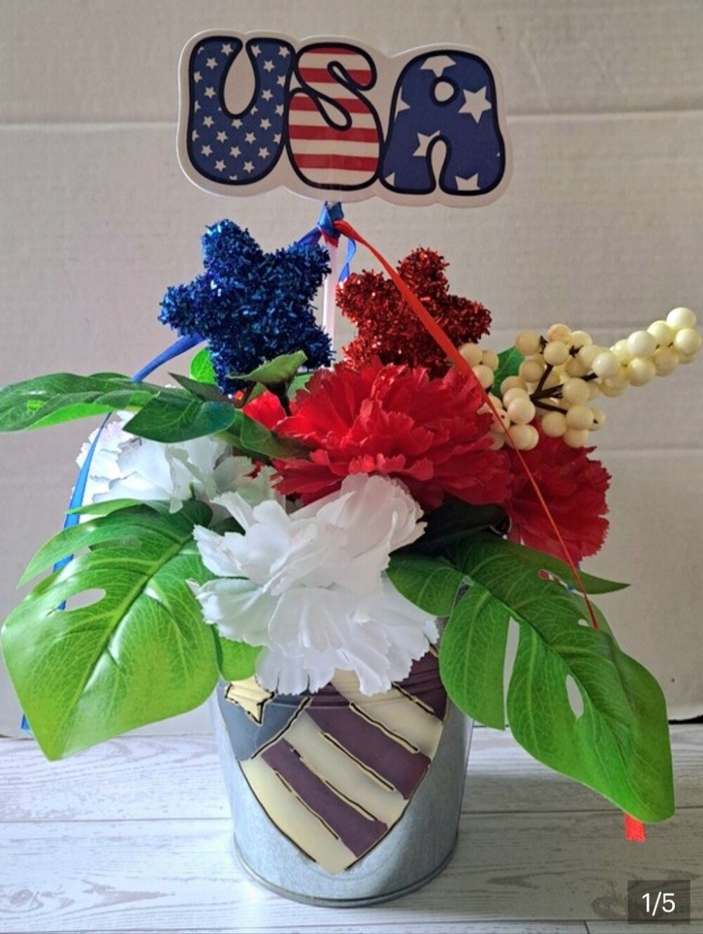July 4th Floral Arrangement in Silver Metal Bucket Patriotic Tabletop Decor